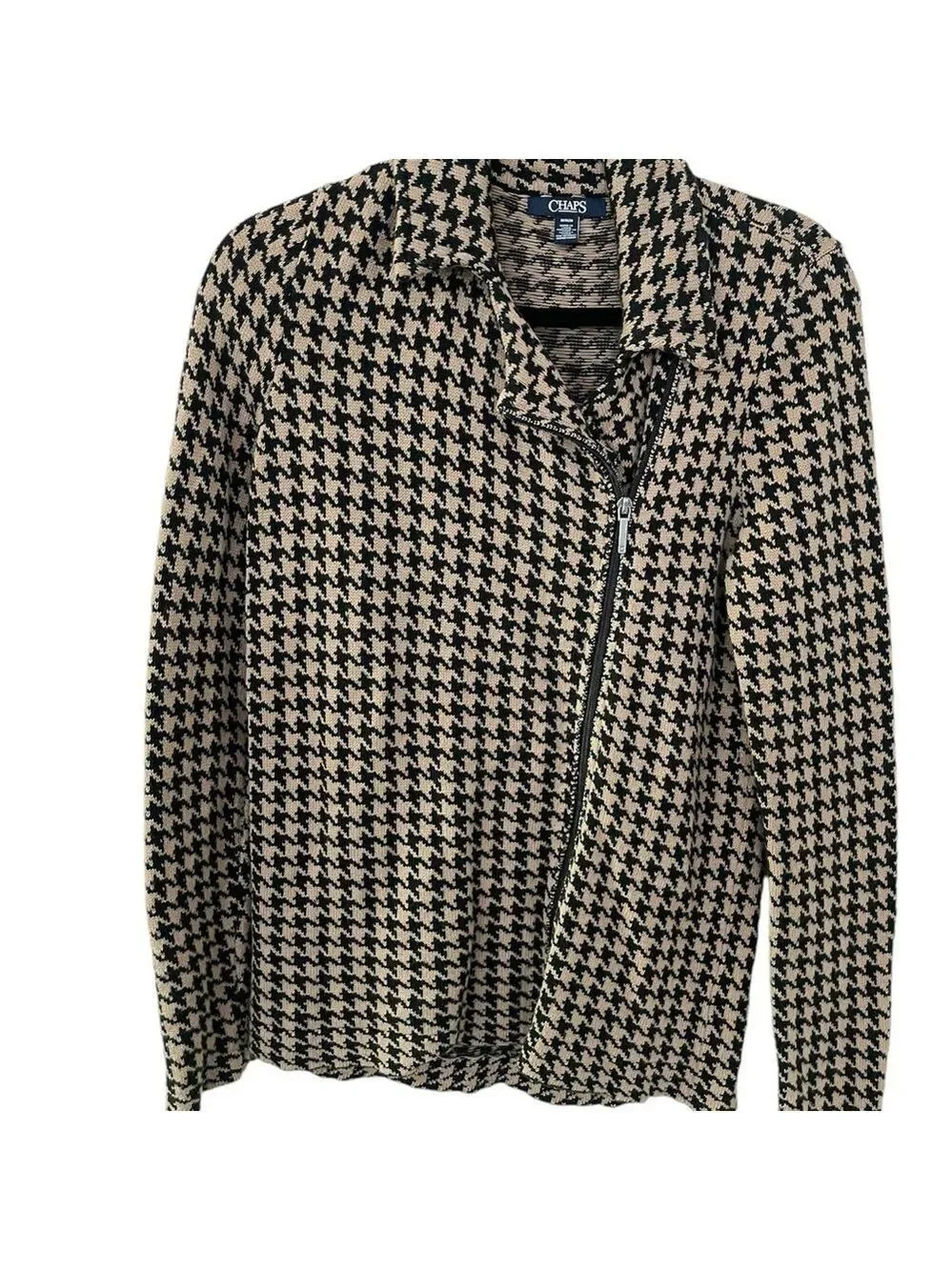 Chaps Women’s Sweater Jacket Houndstooth Brown Black Collared Zip Size: Medium
